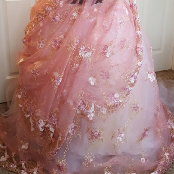 Pink Gold White Lace Lehenga Sari Bridal Ballgown - Picture 2 of 11